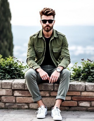 Olive Military Jacket · Black Crew-neck T-shirt · Grey Chinos · White Leather Low Top Sneakers · Black Sunglasses · Silver Watch