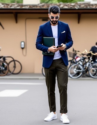 Navy Blazer · White Crew-neck T-shirt · Olive Chinos · White Low Top Sneakers · Dark Green Leather Zip Pouch · White Pocket Square