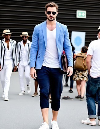 Light Blue Blazer · White Crew-neck T-shirt · Navy Chinos · White Low Top Sneakers · Dark Brown Leather Briefcase · Black Sunglasses