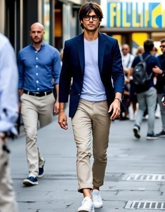 Navy Blazer · White Crew-neck T-shirt · Beige Chinos · White Low Top Sneakers