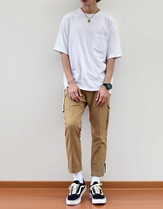 White Crew-neck T-shirt · Khaki Chinos · Black and White Canvas Low Top Sneakers · Black Rubber Watch · White Socks