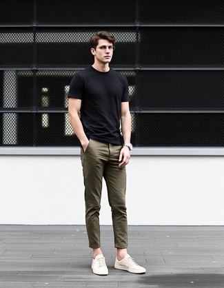 Black Crew-neck T-shirt · Olive Chinos · Beige Low Top Sneakers · Silver Watch