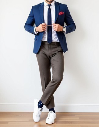 Navy Blazer · White Dress Shirt · Brown Wool Dress Pants · White Low Top Sneakers · Navy Polka Dot Tie · White Pocket Square