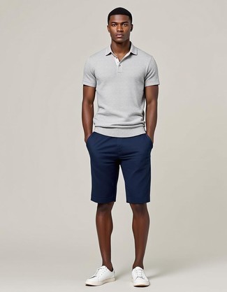 Grey Polo · Navy Shorts · White Leather Low Top Sneakers