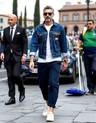 Blue Denim Jacket · White Crew-neck T-shirt · Navy Chinos · White Low Top Sneakers · Navy Sunglasses · Silver Watch