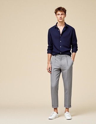 Navy Long Sleeve Shirt · Grey Dress Pants · White Low Top Sneakers
