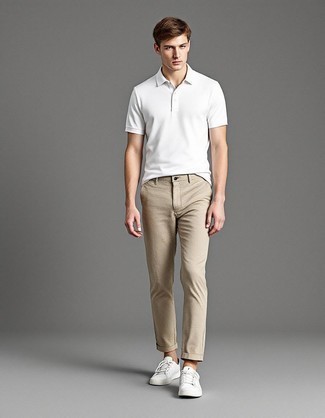White Polo · Beige Chinos · White Leather Low Top Sneakers