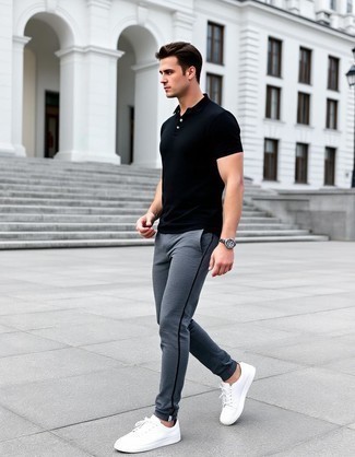 Black Polo · Grey Chinos · White Leather Low Top Sneakers · Grey Canvas Watch