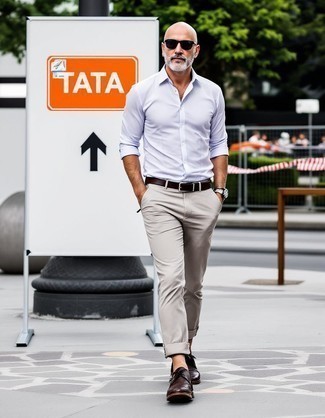 White Long Sleeve Shirt · Beige Chinos · Dark Brown Leather Derby Shoes · Dark Brown Leather Belt · Black Sunglasses · Silver Watch