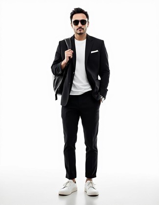 Black Blazer · White Crew-neck T-shirt · Black Chinos · White Leather Low Top Sneakers · Black Leather Backpack · White Pocket Square