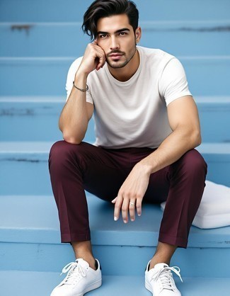 White Crew-neck T-shirt · Burgundy Chinos · White Leather Low Top Sneakers