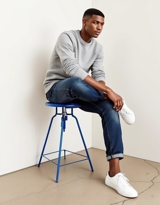 Grey Sweatshirt · Navy Jeans · White Leather Low Top Sneakers