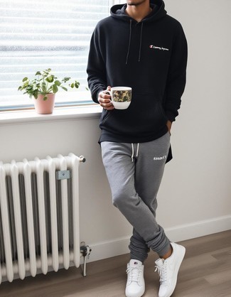 Black Hoodie · Charcoal Crew-neck T-shirt · Grey Sweatpants · White Leather Low Top Sneakers