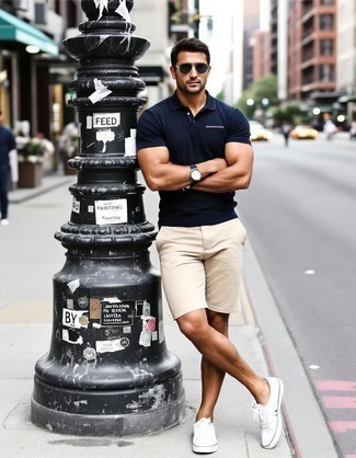 Black Polo · Beige Shorts · White Canvas Low Top Sneakers · Silver Watch · Black Horizontal Striped Canvas Watch