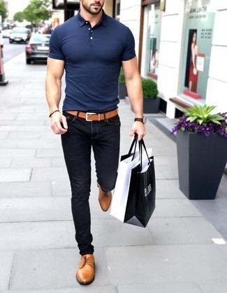Navy Polo · Black Skinny Jeans · Brown Leather Derby Shoes · Brown Leather Belt · Dark Brown Leather Watch · Dark Brown Leather Bracelet