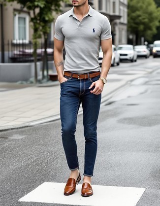 Grey Polo · Navy Skinny Jeans · Brown Leather Loafers · Brown Leather Belt · Gold Watch