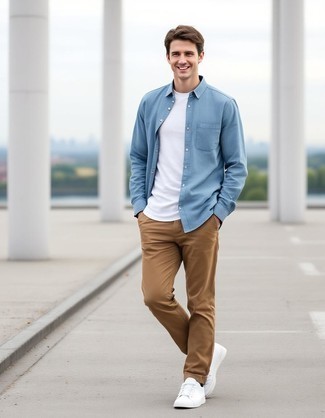 Light Blue Chambray Long Sleeve Shirt · White Crew-neck T-shirt · Khaki Chinos · White Leather Low Top Sneakers · Black No Show Socks