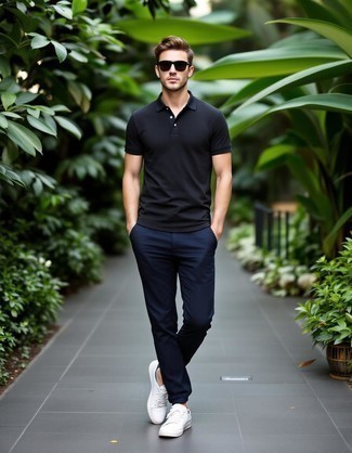 Black Polo · Navy Chinos · White Canvas Low Top Sneakers · Black Sunglasses