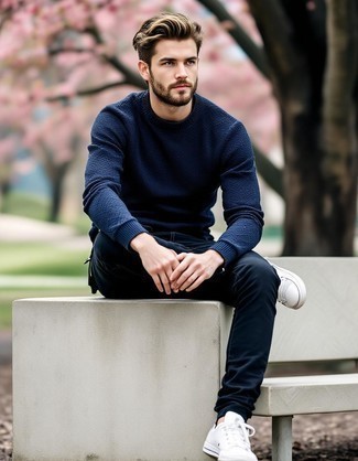 Navy Crew-neck Sweater · Black Crew-neck T-shirt · Navy Jeans · White Leather Low Top Sneakers