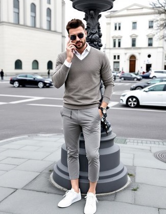 Grey V-neck Sweater · White Long Sleeve Shirt · Grey Chinos · White Leather Low Top Sneakers · Black Leather Watch · Silver Watch