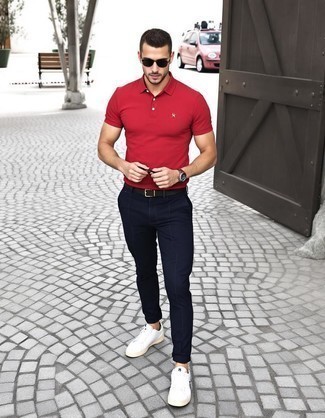 Red Polo · Navy Chinos · White Leather Low Top Sneakers · Black Sunglasses · Brown Leather Watch