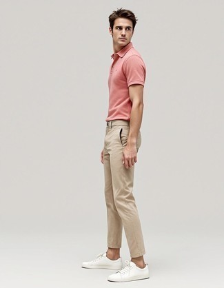 Pink Polo · Khaki Chinos · White Leather Low Top Sneakers