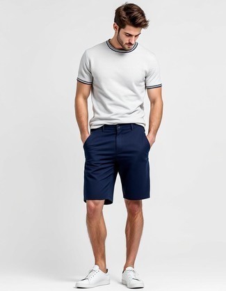 White Crew-neck T-shirt · Navy Shorts · White Leather Low Top Sneakers