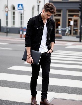 Black Denim Jacket · White Crew-neck T-shirt · Black Chinos · Dark Brown Leather Chelsea Boots · Black Leather Zip Pouch · Tan Leather Watch