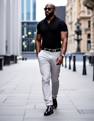 Black Polo · White Chinos · Black Leather Loafers · Black Leather Belt · Black Sunglasses · Black Leather Watch