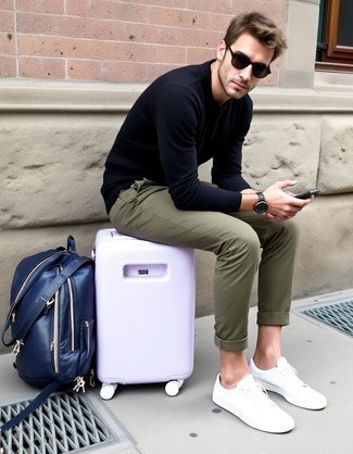 Navy Crew-neck Sweater · Olive Chinos · White Leather Low Top Sneakers · Blue Leather Backpack · Dark Brown Sunglasses · Black Leather Watch