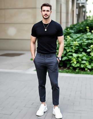Black Crew-neck T-shirt · Charcoal Chinos · White Athletic Shoes · Black Watch