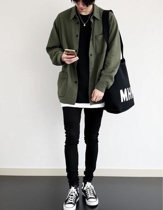 Olive Shirt Jacket · White Crew-neck T-shirt · Black Crew-neck T-shirt · Black Skinny Jeans · Black and White Canvas High Top Sneakers · Black and White Print Canvas Tote Bag