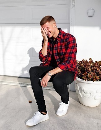 Red and Navy Plaid Long Sleeve Shirt · Black Crew-neck T-shirt · Black Skinny Jeans · White Leather Low Top Sneakers · Black No Show Socks