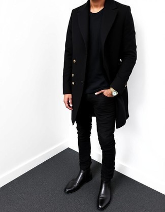 Black Overcoat · Black Crew-neck T-shirt · Black Jeans · Black Leather Chelsea Boots · Gold Watch