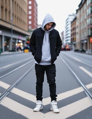 Black Bomber Jacket · Grey Hoodie · Black Jeans · White Leather High Top Sneakers