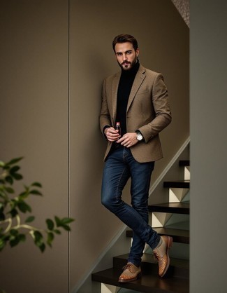 Brown Blazer · Black Turtleneck · Blue Jeans · Brown Leather Brogues · Gold Watch