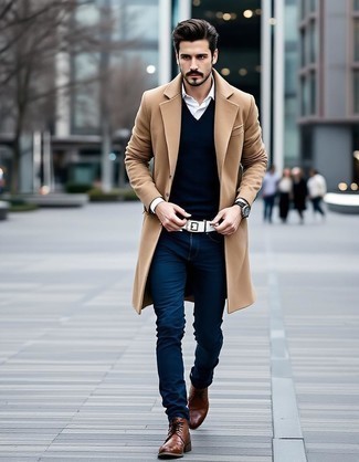 Camel Overcoat · Navy V-neck Sweater · White Long Sleeve Shirt · Navy Skinny Jeans · Brown Leather Desert Boots · Dark Brown Leather Watch