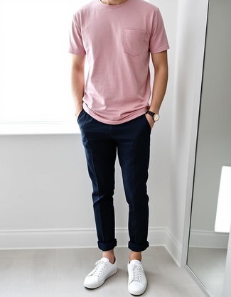 Pink Crew-neck T-shirt · Navy Chinos · White Leather Low Top Sneakers · Black Leather Watch