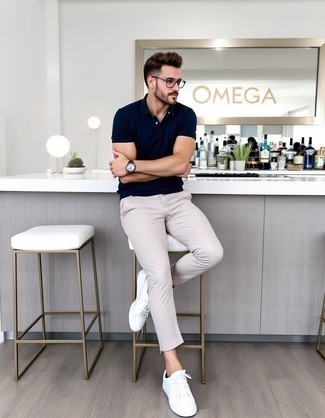 Navy Polo · Beige Chinos · White Leather Low Top Sneakers · Clear Sunglasses · Black Leather Watch