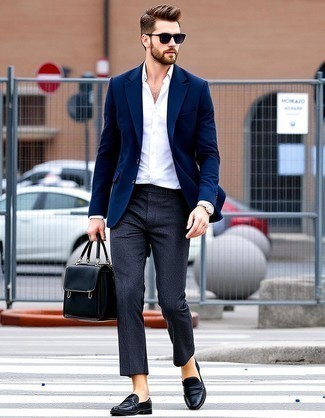Navy Blazer · White Dress Shirt · Charcoal Dress Pants · Black Leather Loafers · Navy Sunglasses · Silver Watch