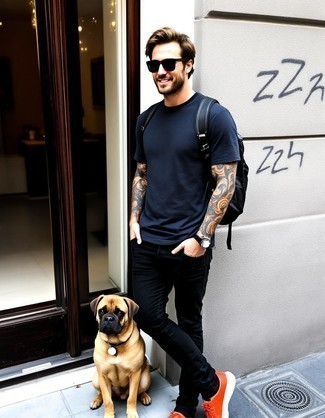 Black Crew-neck T-shirt · Black Jeans · Orange Athletic Shoes · Black Leather Backpack · Dark Brown Sunglasses · Black Leather Watch