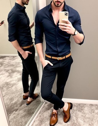 Navy Long Sleeve Shirt · Black Chinos · Brown Leather Oxford Shoes · Tan Leather Belt · Black Leather Watch
