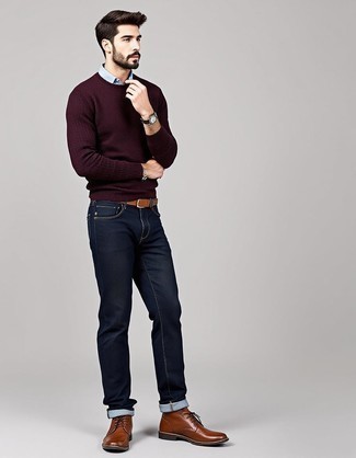 Burgundy Crew-neck Sweater · Light Blue Chambray Long Sleeve Shirt · Navy Jeans · Brown Leather Desert Boots · Tan Leather Belt · Black Leather Watch