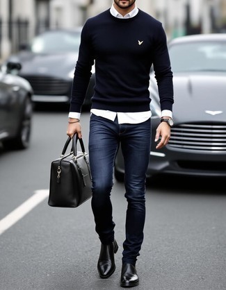 Navy Crew-neck Sweater · White Long Sleeve Shirt · Navy Skinny Jeans · Black Leather Chelsea Boots · Black Leather Holdall · Black Leather Watch