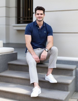 Navy Polo · Beige Chinos · White Leather Low Top Sneakers · Black Leather Watch