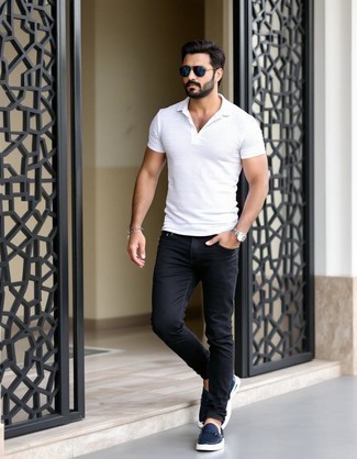 White Polo · Black Jeans · Black Fringe Leather Loafers · Dark Brown Sunglasses · Silver Watch · Silver Bracelet