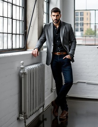 Grey Blazer · Black Long Sleeve Shirt · Navy Jeans · Dark Brown Leather Desert Boots · Brown Leather Belt · Black Canvas Watch