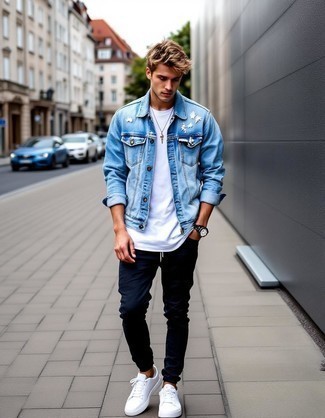 Light Blue Denim Jacket · White Crew-neck T-shirt · Navy Jeans · White Leather Low Top Sneakers · Black Leather Watch