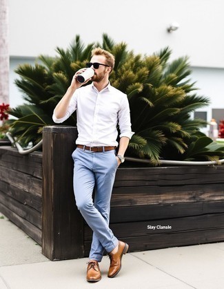 White Long Sleeve Shirt · Light Blue Chinos · Brown Leather Brogues · Dark Brown Leather Belt · Dark Green Sunglasses · Dark Brown Leather Watch