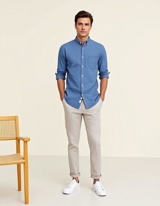 Blue Long Sleeve Shirt · Beige Chinos · White Leather Low Top Sneakers